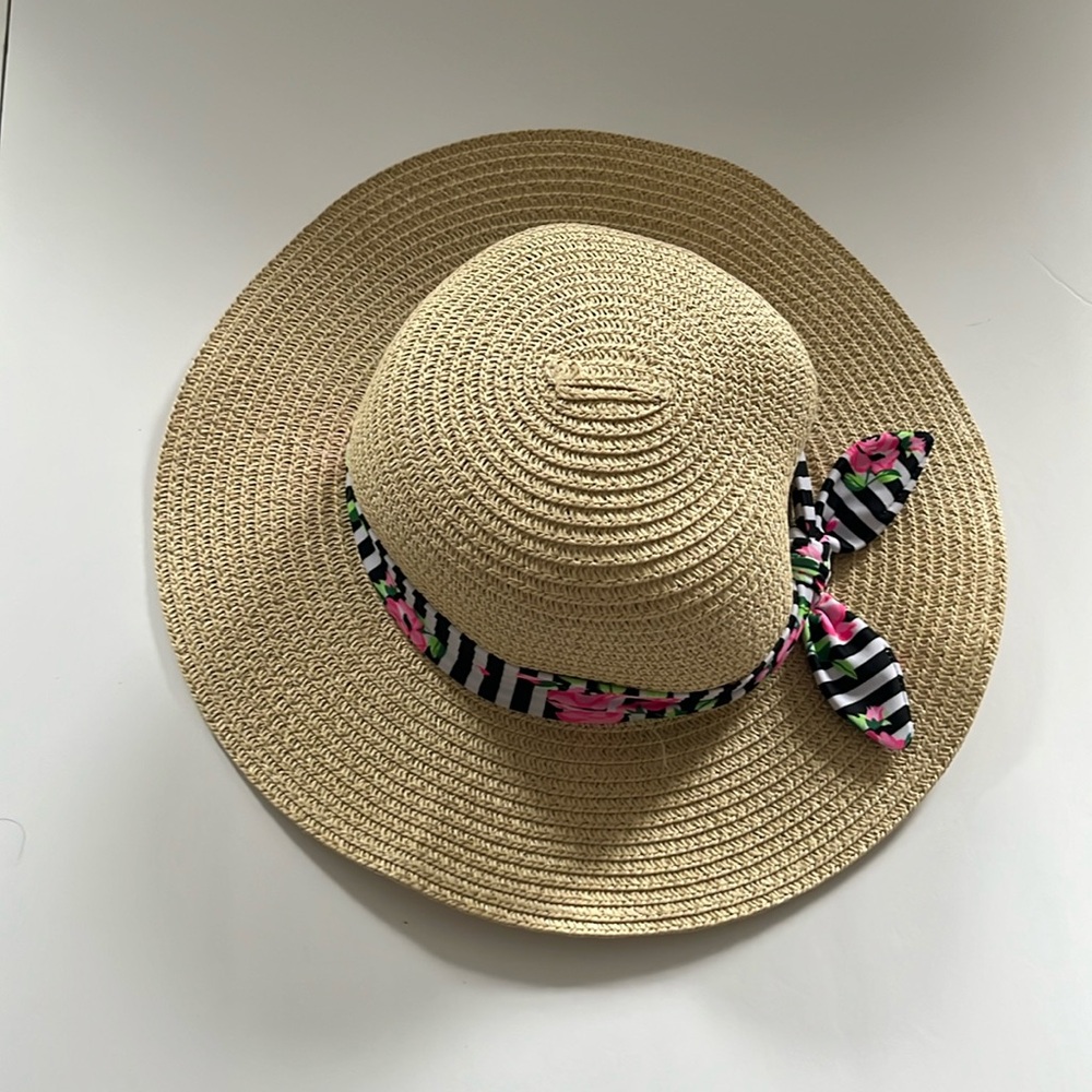 Girls Paper Straw Floral Striped Neutral Summer Sun Hat Size 4-6